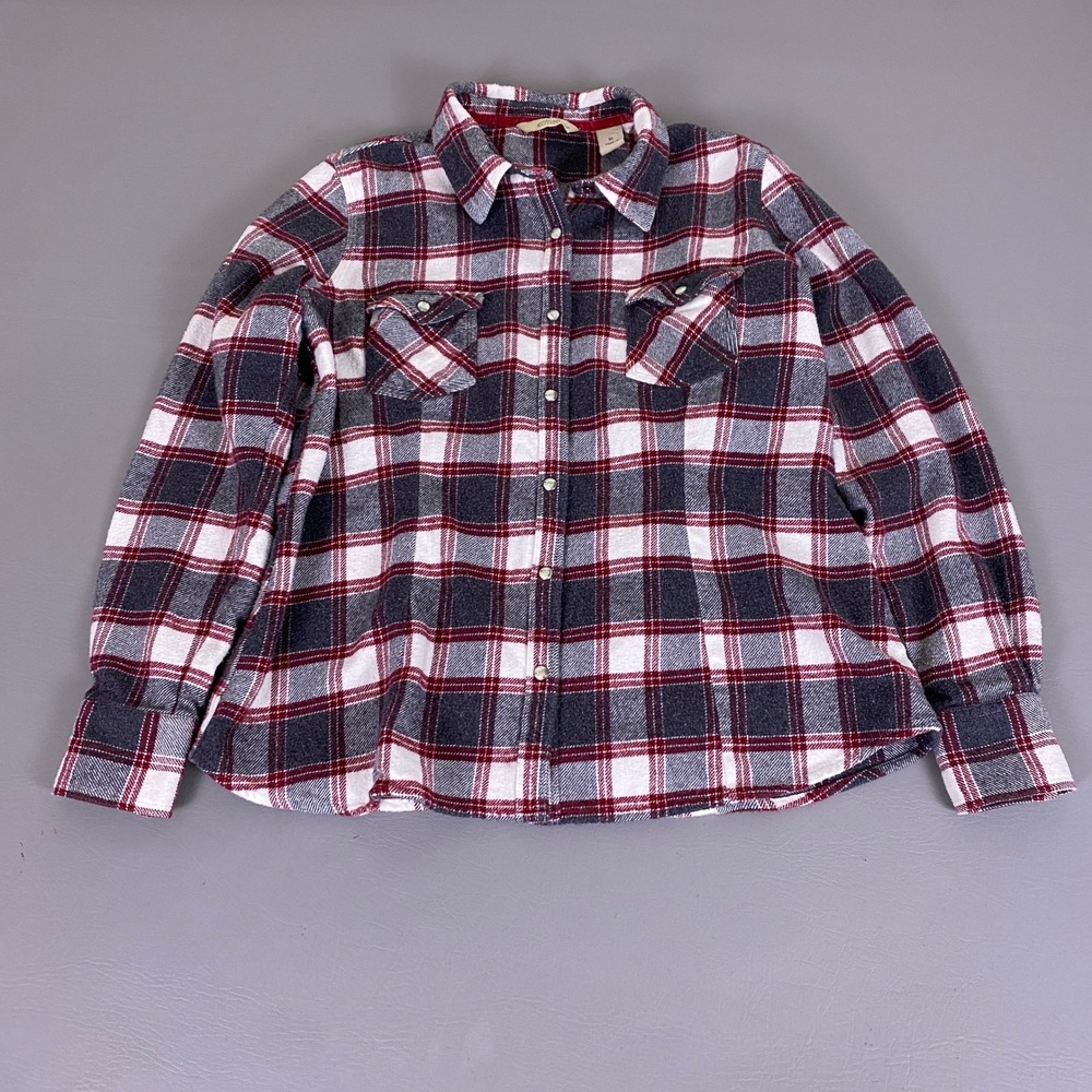 Natural Reflections Flannel Shirt Men's XL Red Gray‎ Plaid Cotton Pearl Snap
